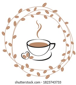 Cup of hot coffee icon. Cup with smoke and the image of coffee grain sign