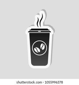 cup of hot coffee icon. Sticker style with white border and simple shadow on gray background