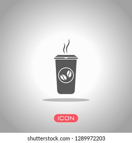 cup of hot coffee icon. Icon under spotlight. Gray background
