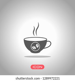 cup of hot coffee icon. Icon under spotlight. Gray background