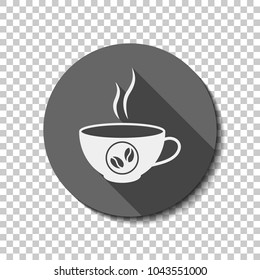 cup of hot coffee icon. White flat icon with long shadow in circle on transparent background