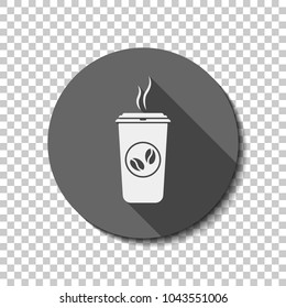 cup of hot coffee icon. White flat icon with long shadow in circle on transparent background