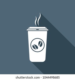 cup of hot coffee icon. White flat icon with long shadow on background