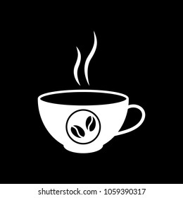 cup of hot coffee icon. White icon on black background. Inversion