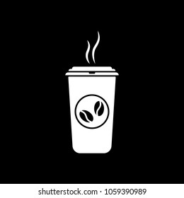 cup of hot coffee icon. White icon on black background. Inversion