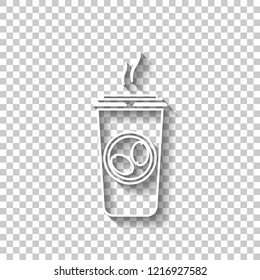cup of hot coffee icon. White outline sign with shadow on transparent background