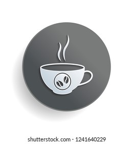 cup of hot coffee icon. White paper symbol on gray round button with shadow