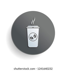 cup of hot coffee icon. White paper symbol on gray round button with shadow