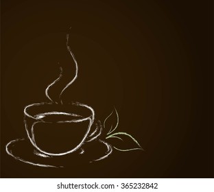 Cup of hot coffee with leafs on the brown background