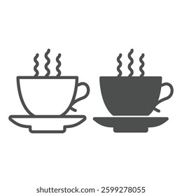 Cup of hot coffee line and solid icon, tropical voyage concept. Vector graphics. Coffee drink cup with ceramic saucer sign on white background, outline style icon for mobile or web design