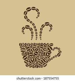Cup of hot coffee made of coffee beans