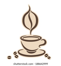 Cup of hot coffee made of coffee beans