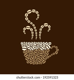 Cup of hot coffee made of coffee beans