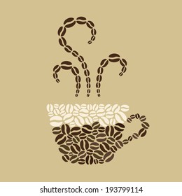 Cup of hot coffee made of coffee beans