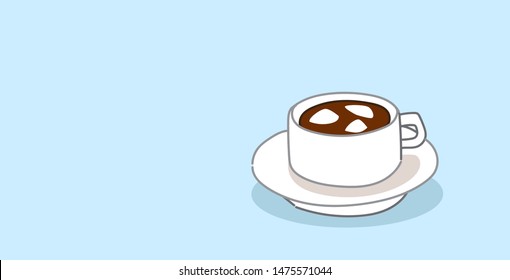 Cup of hot coffee cup with marshmallow. Sketch doodle hand drawn.