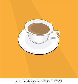 A cup of hot coffee with milk added on table with the shade. Vector illustration.