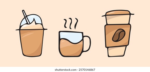 a cup of hot coffee in the morning. It's coffee time. a cup of hot drink and coffee beans. vector. the cafeteria icon. colored glasses with coffee to take away. an invigorating drink.