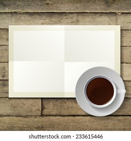 cup of hot coffee and note paper on wood background
