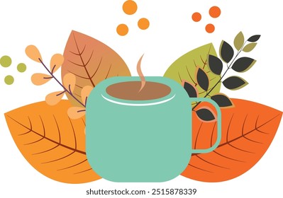 Una taza de café caliente sobre un fondo de hojas y plantas de otoño, una bebida vigorizante al estilo de una Imagen de Vector, temporada de otoño