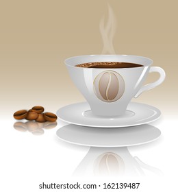 A cup of hot coffee on a beige background with realistic coffee beans. Vector illustration.