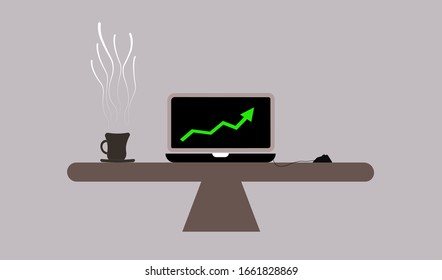 Cup of hot coffee on breakfast table with personal computer laptop with mouse vector icon on gray background, vector for mobile and computer web design