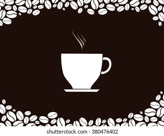 Cup of hot coffee on a brown background with grains. Vector.