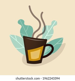 A cup of hot coffee on a light background. Coffee logo. Modern icon. The symbol of invigorating drinks is tea and coffee. Vector composition decorated with leaves for cafes, bars, networks.