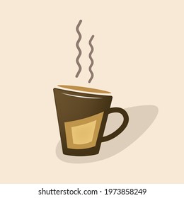 A cup of hot coffee on a light background. Coffee logo. Modern icon. The symbol of invigorating drinks is tea and coffee. Minimalism vector logo for cafes, coffee houses, bars. Illustration for web.