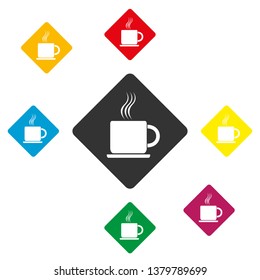 Cup of hot coffee on a saucer, a set of square colorful icons, flat design