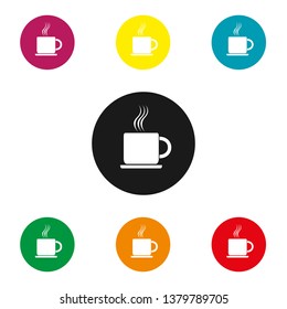 Cup of hot coffee on a saucer, a set of round colorful icons, flat design