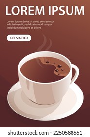 A cup of hot coffee on a saucer. Morning drink with caffeine. Fragrant tasty drink. Cappuccino, expresso. Design for poster, banner, website. Vector realistic illustration on a brown background