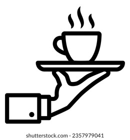 Cup of hot coffee on tray and hand line icon, catering business concept, service vector sign on white background, outline style icon for mobile concept and web design. Vector graphics