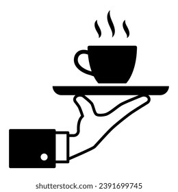 Taza de café caliente en la bandeja e icono de mano sólida, concepto de negocio de catering, señal de vector de servicio sobre fondo blanco, icono de estilo glifo para concepto móvil y diseño web. Gráficos vectoriales