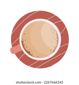 Cup of hot coffee on white background, top view