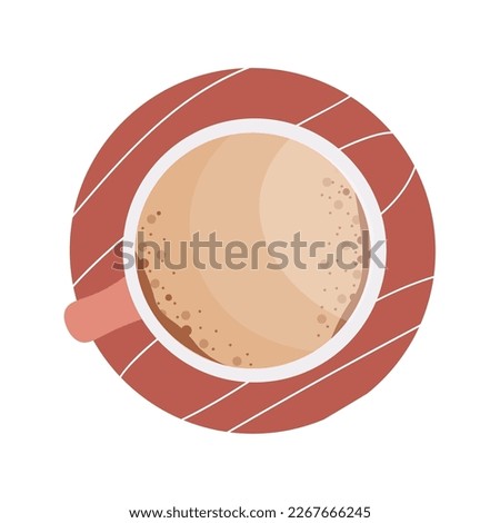 Cup of hot coffee on white background, top view
