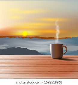 cup of hot coffee on a wooden table, on a background of mountains and sunset