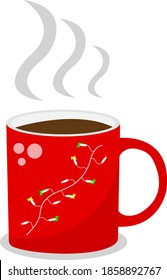 cup of hot coffee Red accessory with garland pattern and colorful lights concept of winter holidays and warming drinks