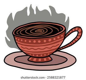 a cup of hot coffee in a red cup with decoration, hand drawn vector illustration