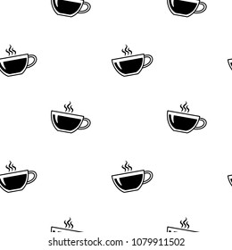 cup of hot coffee seamless pattern. vector. tasty morning energy baverage. black pattern on white background
