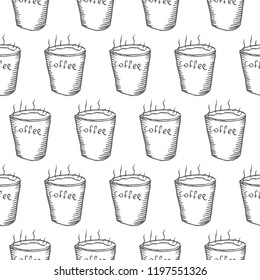 cup with hot coffee seamless pattern isolated on white background