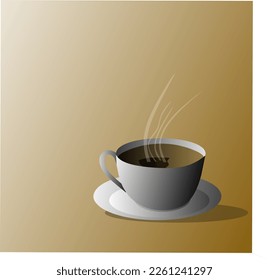 A cup of hot coffee is served on a blurry brown background.