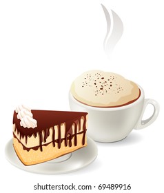 Cup of hot coffee with slice of chocolate cake
