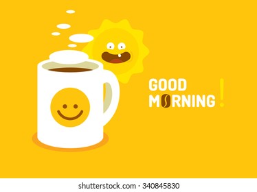 Cup of hot coffee with smile and fun sun on yellow background. Good morning