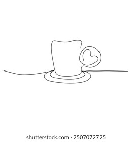 Una taza de café caliente con humo en forma de corazón. Un dibujo de línea. Para diferentes usos. Ilustración vectorial
