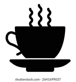 Cup of hot coffee solid icon, tropical voyage concept. Vector graphics. Coffee drink cup with ceramic saucer sign on white background, style mobile or design