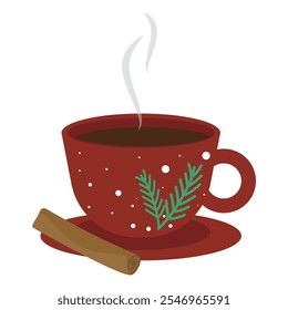 Taza de café caliente con vapor con canela en rama. Taza roja de invierno decorada con rama de abeto. Caliente taza de café vigorizante, acogedora ilustración, Vector gráficas