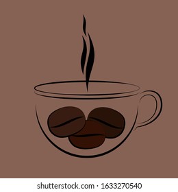 Cup of hot coffee with steam and grains, vector illustration