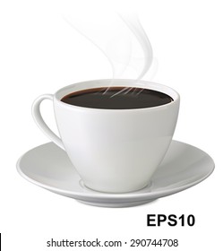 Cup of hot coffee with steam and saucer on white background. Vector illustration