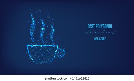 
 Cup of hot coffee with steam from triangles and luminous points. Background of beautiful dark blue night sky. Vector Polygonal illustration. Low poly.
