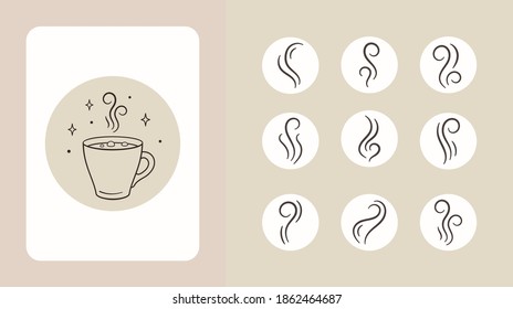 Cup of hot coffee with steam. Vector set of smoke, steam, vapour illustration